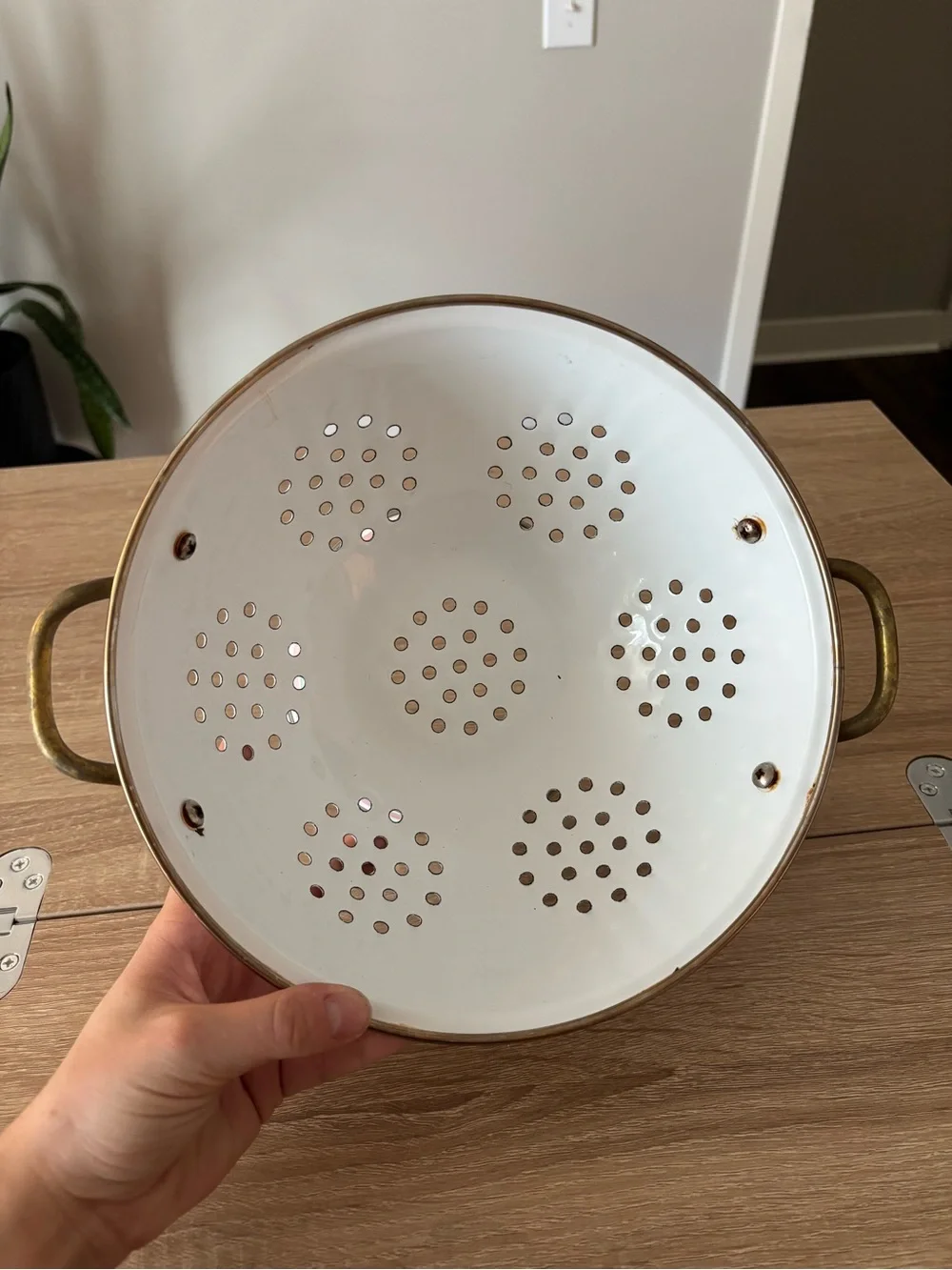 Vintage Decorative Colander with Pink & Green Floral Trim and Brass Handles